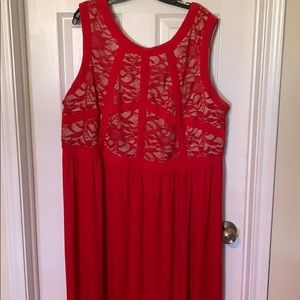 Red dress with lace and nude top bodice.